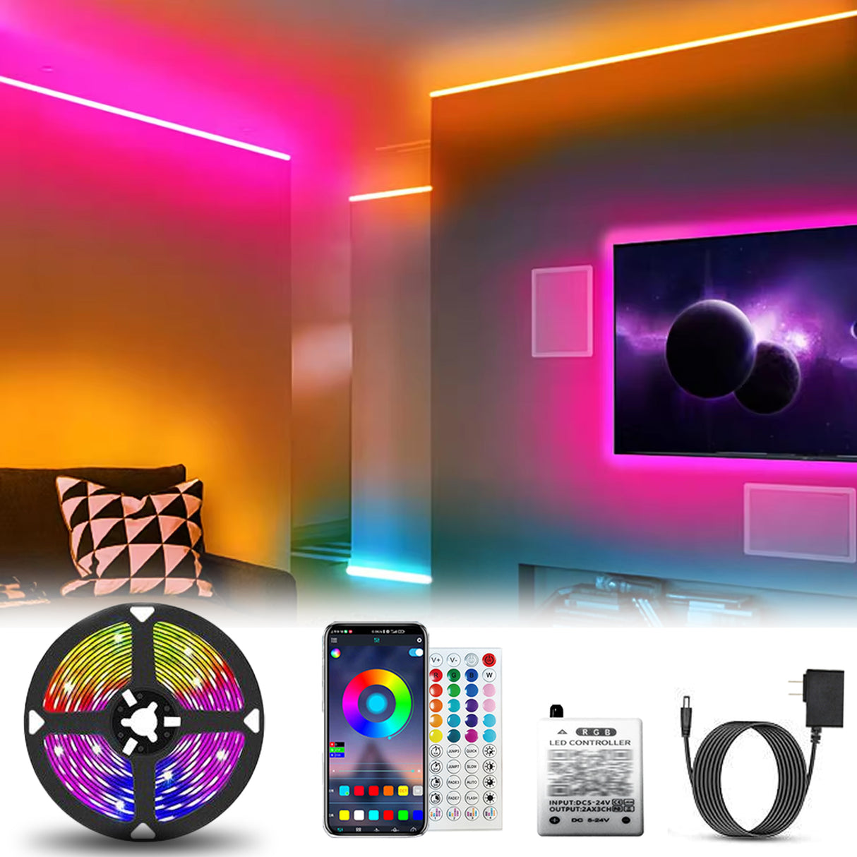 Simply Everyday Products RGB LED Strip Lights 50ft - Remote & App Control, Music Sync, Waterproof, DIY