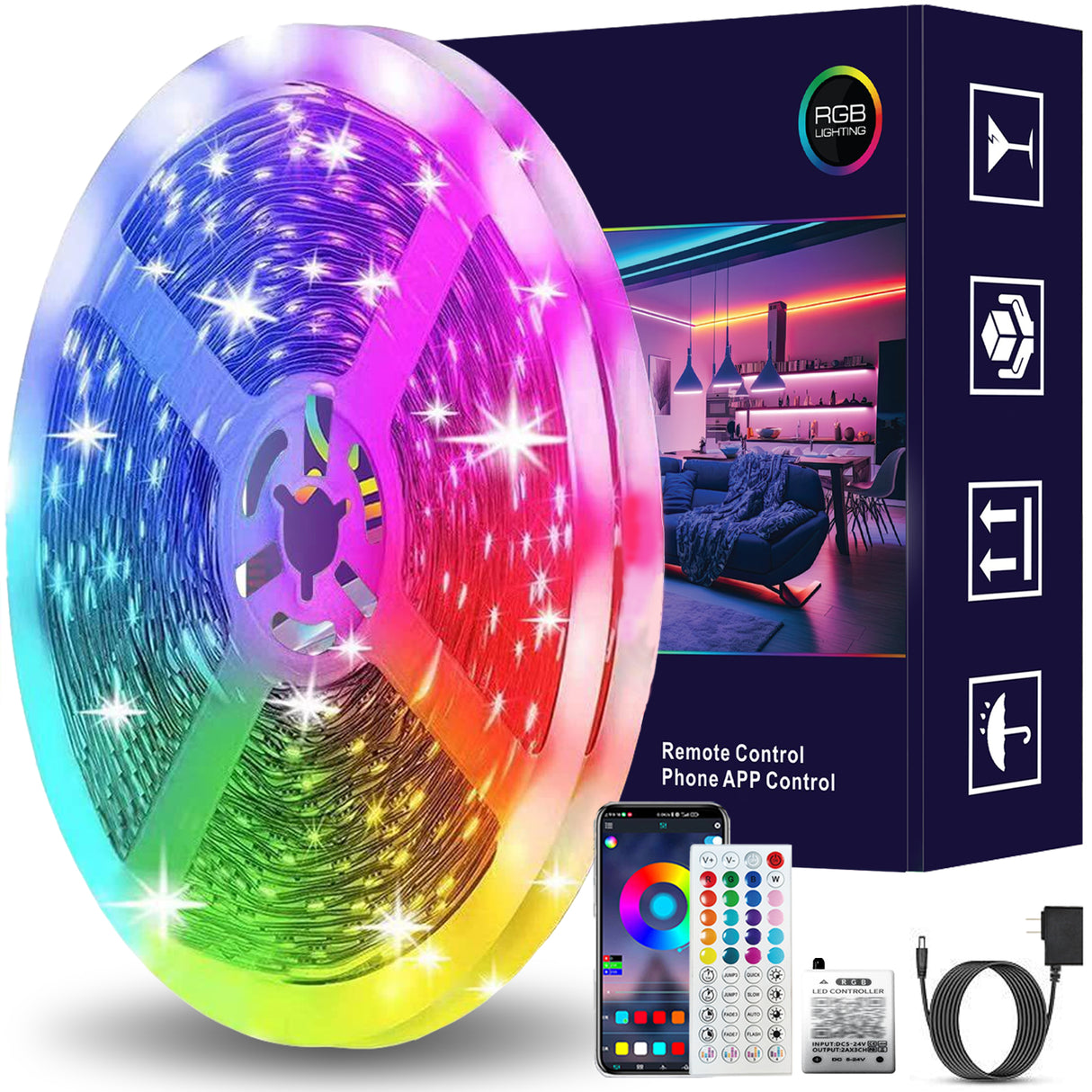 Simply Everyday Products RGB LED Strip Lights 50ft - Remote & App Control, Music Sync, Waterproof, DIY