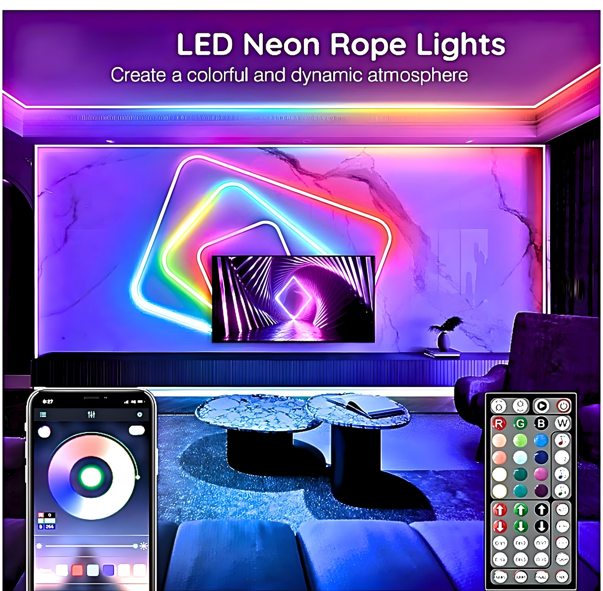 Simply Everyday Products 50Ft Neon Rope Lights - Flexible LED Rope Lights with App & Remote Control, Multiple Modes RGB Outdoor Neon Lights, IP65 Waterproof,