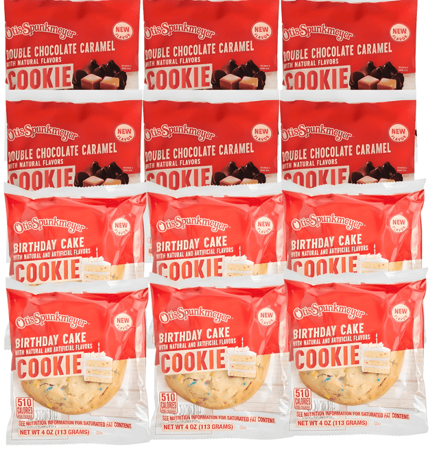 Otis 4oz Cookies Variety Pack – 12 Pack (6 Double Chocolate Caramel & 6 Birthday Cake) – Gourmet Soft - Baked Cookies - Simply Everyday Products