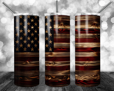 Patriotic American Flag Stainless Steel Tumbler – 20oz Insulated Cup with Straw, Wood Grain Design - Simply Everyday Products