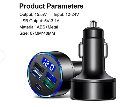 Simply Everyday Products 3 - Pack Car Charger with 4 USB & 1 USB - C Port - LED Display, Fast Charging - Simply Everyday Products