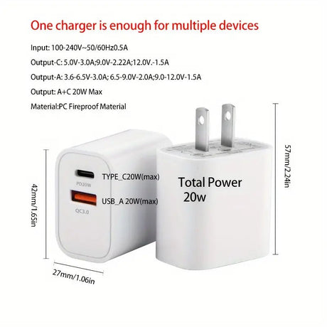 Simply Everyday Products Fast Charging Dual Port USB - C Wall Charger with Cable – 20W Adapter, USB - A & USB - C Ports - Simply Everyday Products