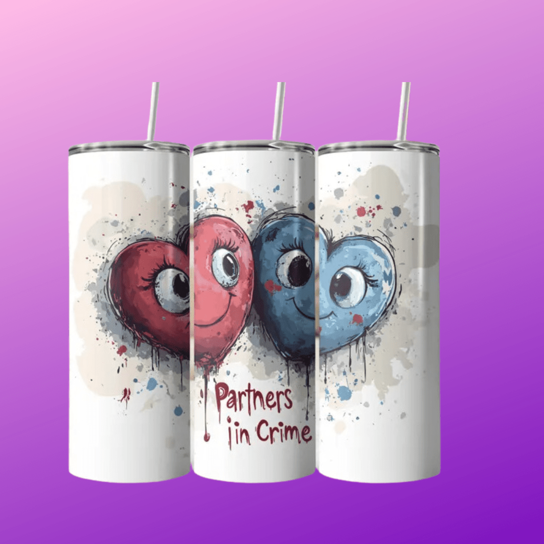 Simply Everyday Products Tumbler 20oz – Valentine’s Day Partner in Crime Tumbler with Lid, Straw, and Rubber Bottom - Simply Everyday Products