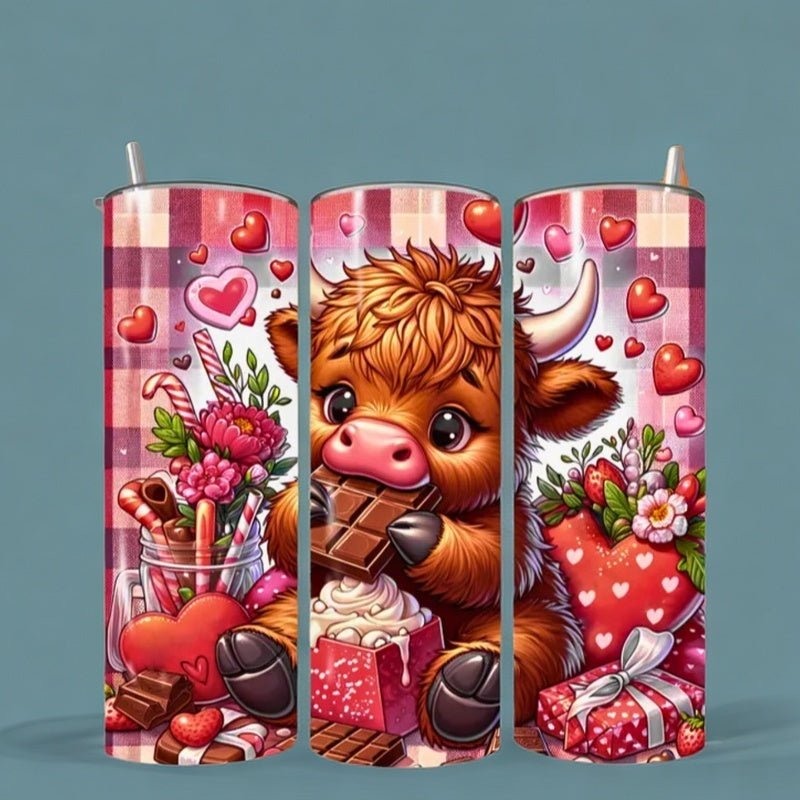 Simply Everyday Products Tumbler 20oz with Lid, Straw, and Rubber Bottom – Highland Cow Valentine's Day Tumbler Wrap – Funny Cow Design - Simply Everyday Products