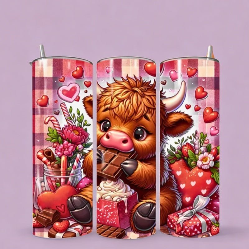 Simply Everyday Products Tumbler 20oz with Lid, Straw, and Rubber Bottom – Highland Cow Valentine's Day Tumbler Wrap – Funny Cow Design - Simply Everyday Products