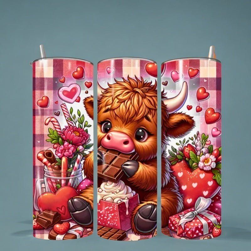 Simply Everyday Products Tumbler 20oz with Lid, Straw, and Rubber Bottom – Highland Cow Valentine's Day Tumbler Wrap – Funny Cow Design - Simply Everyday Products